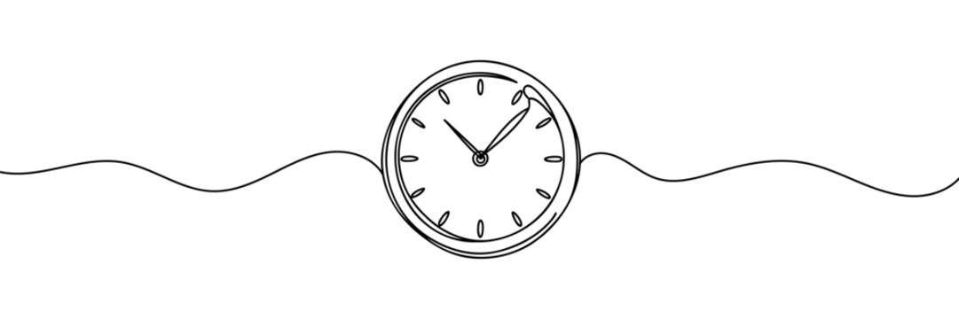 Continuous one line drawing clock icon with doodle handdrawn style. Vector illustration on white background.