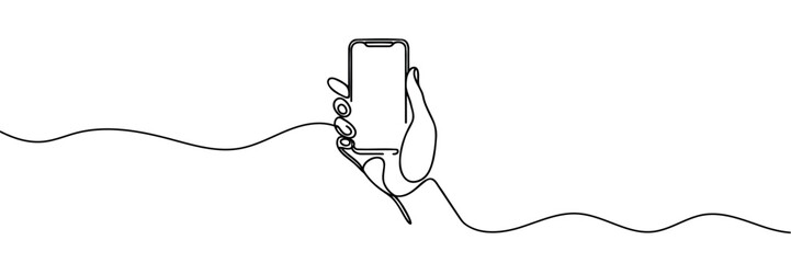 Obraz premium Continuous one line drawing In his hand phone smartphone.
