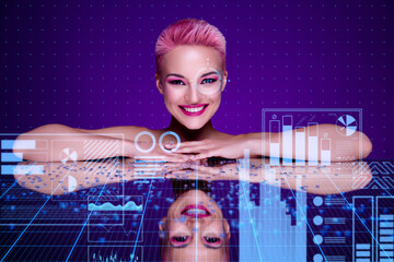 Abstract creative collage of businesswoman use virtual reality have face recognition access to...
