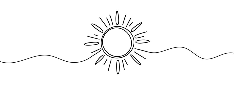 Sun continuous one line art drawing. Summer sun contour line sign. Vector illustration isolated on white