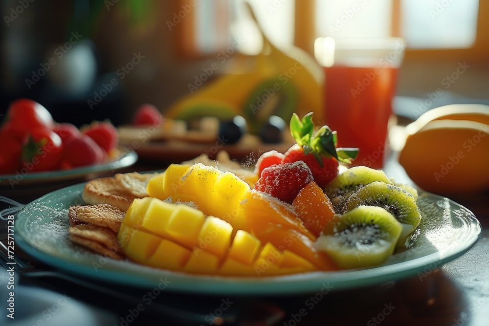 Poster freshly cut fruits arranged on a plate and served with a refreshing glass of juice. ideal for showca