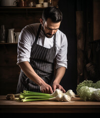 man cutting vegetables in kitchen