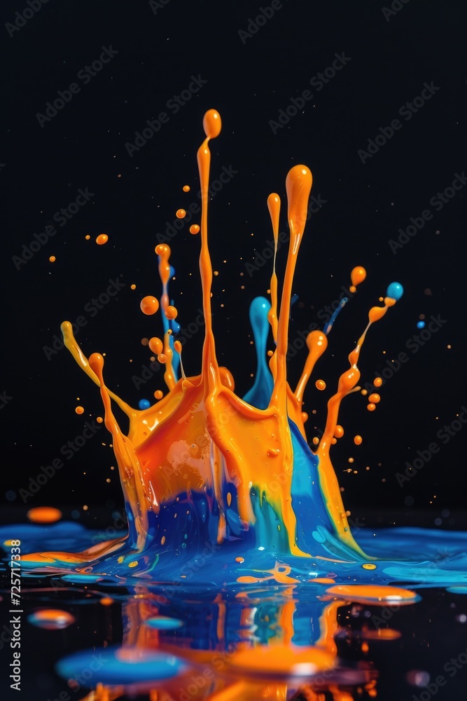 Aufkleber a vibrant splash of orange and blue paint on a black surface. this image can be used for various art