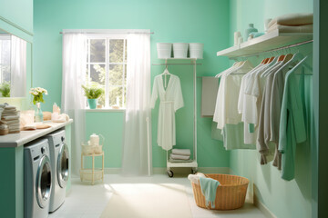 Laundry room with modern appliances, hanging clothes, green mint walls, and a fresh open window view