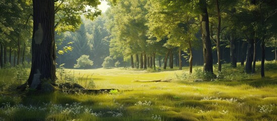 Sunny day, sparse forest, sunlit trees and grassy clearing. - obrazy, fototapety, plakaty