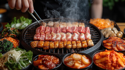 Hands are tongs, grilled pork on the grill. The background is surrounded by a set of fresh meat shabu. Korean style decoration. - obrazy, fototapety, plakaty
