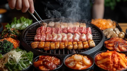 Fotobehang Hands are tongs, grilled pork on the grill. The background is surrounded by a set of fresh meat shabu. Korean style decoration. © B.Panudda