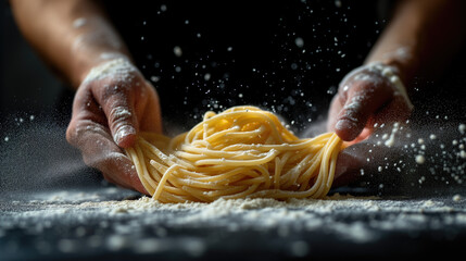 Two hands pulling fresh spaghetti, straight lines, with dusting of flour, black background.