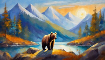 Oil painting of brown bear against mountains, forest and river. Nature illustration