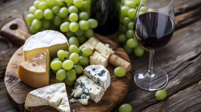 Cheese and grapes on a plate, with a glass of red wine