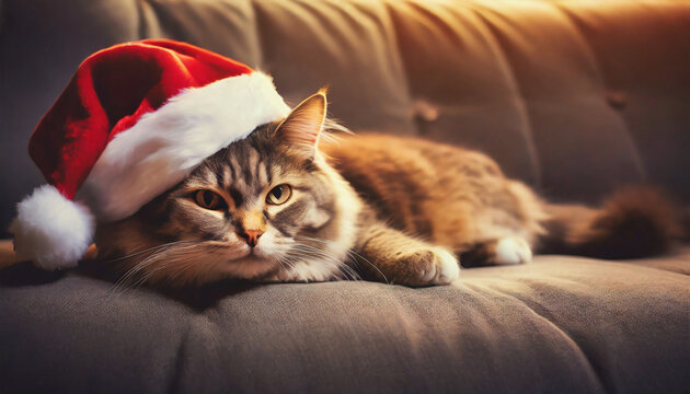 Cute cat n the sofa with red Christmas Santa hat, New Year holiday portrait