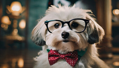 cute nerd shih tzu wearing red bow tie and glasses while sitting on isolated background