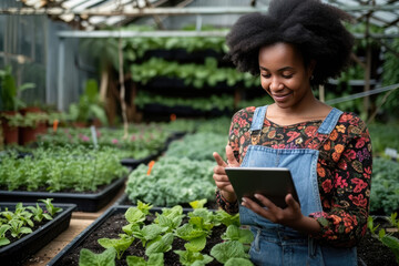 A black female farmer using a tablet smiling friendly at the organic vegetable plots inside the nursery.African woman Taking care of the vegetable plot with happiness in greenhouse using technology..