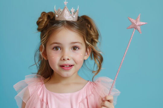 Little fun kid girl princess 5-6 years old wears pink dress crown diadem hold magic wand fairy stick isolated on pastel blue color background child studio. Mother's Day love family lifestyle concept.