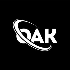 OAK logo. OAK letter. OAK letter logo design. Intitials OAK logo linked with circle and uppercase monogram logo. OAK typography for technology, business and real estate brand.
