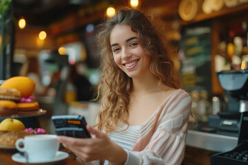 Young smiling woman 20s in casual clothes at cafe buy breakfast sit at table hold wireless bank payment terminal mobile phone to process acquire payments relax in restaurant during free time indoors..