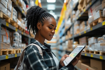 Professional African Female Worker using technology.Checks Stock Inventory with Digital Tablet Computer Walks in the Retail Warehouse full of Shelves with Goods.Working Delivery, Distribution Center..
