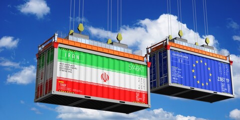 Shipping containers with flags of Iran and European Union - 3D illustration - obrazy, fototapety, plakaty