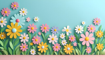 Colorful Paper Cutout Flowers Arranged in a Field Design Against a Pastel Background