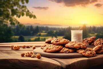 Fototapeta na wymiar Cookies with walnuts on wooden table, healthy food concept. Generative Ai.