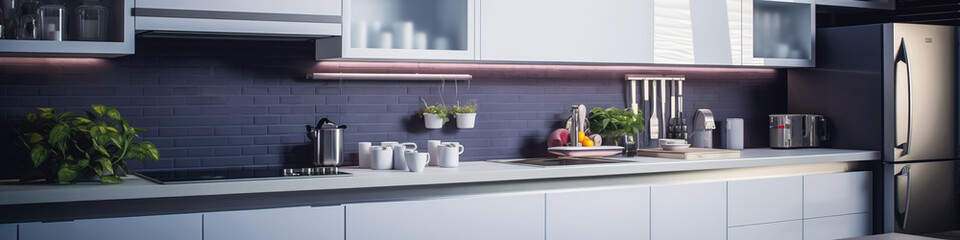 Fototapeta na wymiar Ideas and reference for modern kitchen interior design. Bright space. Presentation and advertising of a stylish kitchen. White and purple. Oven, blender, coffee machine.