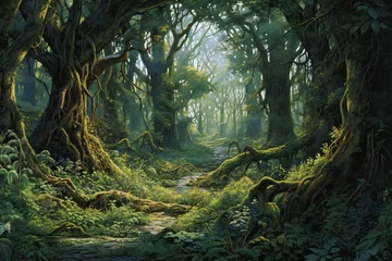 Fotobehang Mysterious forest in the morning mist,  Fantasy landscape,  Digital painting © Velvet