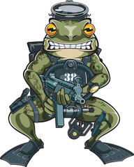 Cartoon style frog combat diver holding submachine gun
