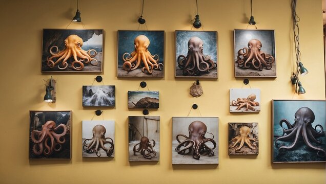 Pictures hanging on wall of octopus Generative AI