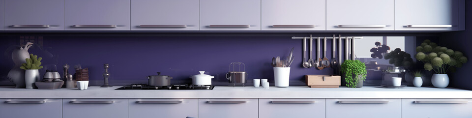Ideas and reference for modern kitchen interior design. Bright space. Presentation and advertising of a stylish kitchen. White and purple. Oven, blender, coffee machine.