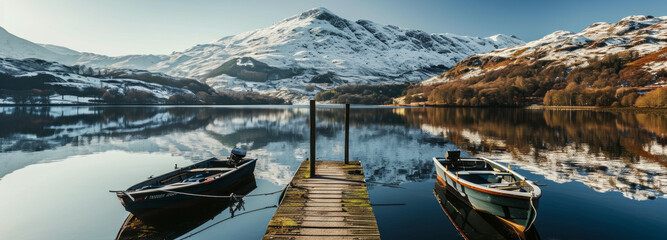 Two rowboats tethered to a wooden dock on a tranquil lake, with a majestic snow-covered mountain reflected in the still waters under a clear sky - obrazy, fototapety, plakaty