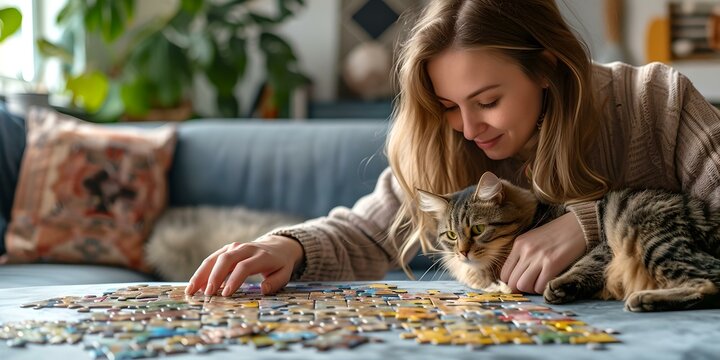 Smiling woman engaged in puzzle solving with her cat. casual indoor leisure activity. fun and relaxing home entertainment. AI