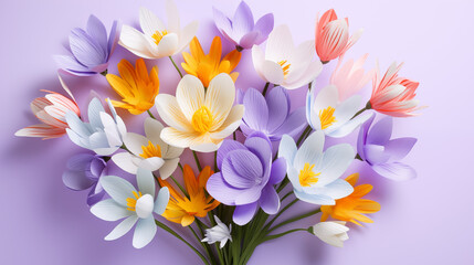 Kwiatowe fioletowe minimalistyczne tło z krokusami na życzenia z okazji Dnia Kobiet, Dnia Matki, Dnia Babci, Urodzin czy pierwszego dnia wiosny. Szablon na baner lub mockup. - obrazy, fototapety, plakaty