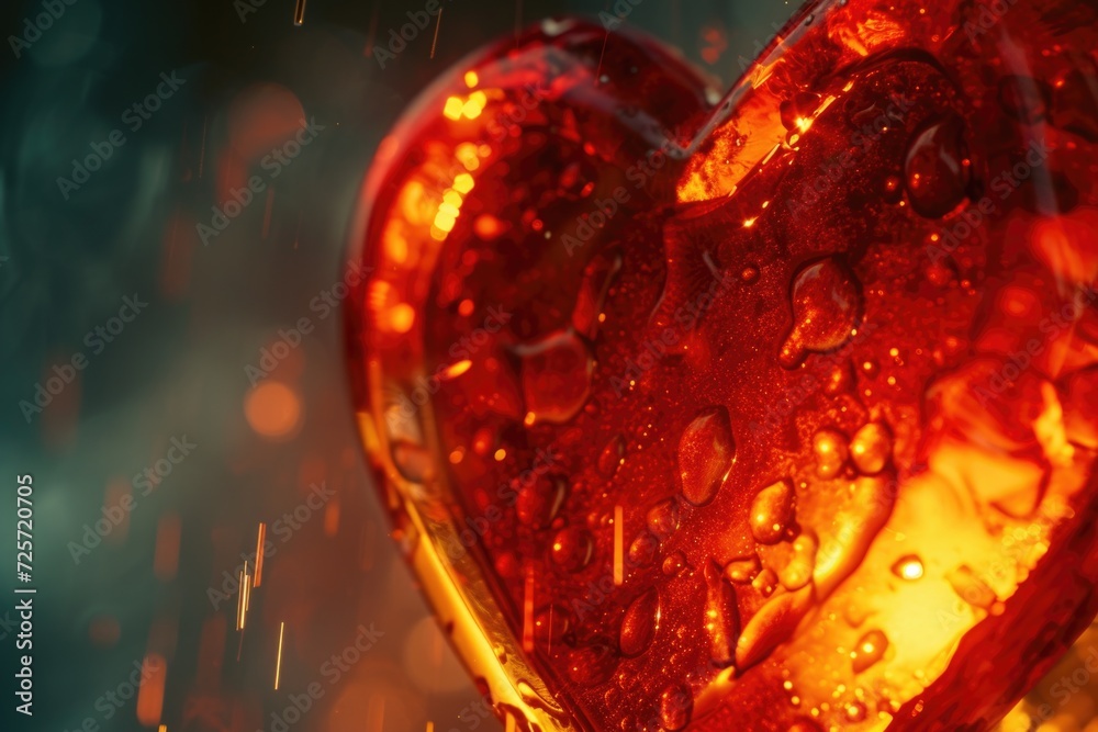 Poster a close-up view of a heart-shaped object in the rain. this image can be used to depict love, romance