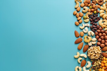 Mix of different types of nuts and dried fruit, healthy food concept. Generative Ai. - obrazy, fototapety, plakaty