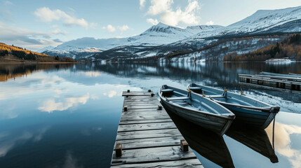 Two rowboats tethered to a wooden dock on a tranquil lake, with a majestic snow-covered mountain reflected in the still waters under a clear sky - obrazy, fototapety, plakaty