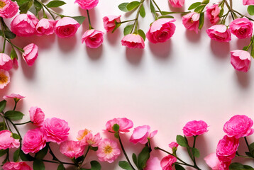 Pink flowers lie on a light background. Floral background. Postcard for text, invitation, congratulations.