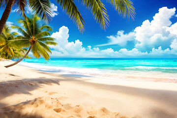 tropical background with palm trees. Ocean view.