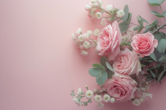 A beautiful bouquet of pink roses and baby's breath arranged on a pink background. This picture is perfect for romantic occasions or to add a touch of elegance to any design
