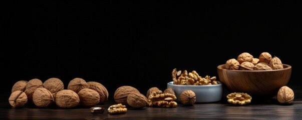 Top view of walnuts in a bowl on rustic table, healthy food panorama. Generative Ai.