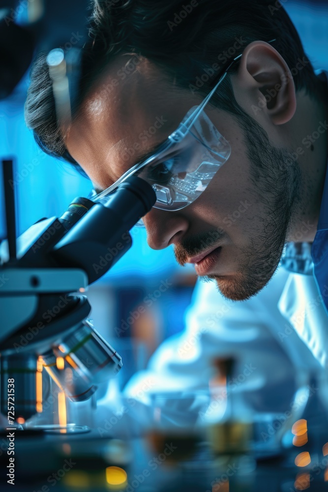 Aufkleber A man is seen looking through a microscope, focusing on something of interest. This image can be used to depict scientific research, laboratory work, or studying