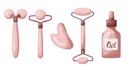 Face massage supplies.Gouacha scraper, facial massage rollers and essence oil in bottle.Skin care products, beauty and spa treatments, morning routine, facelift. Vector illustration in cartoon style
