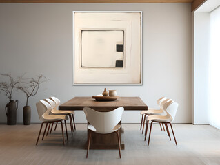 Mid-century style interior design of modern dining room with a wooden table and chairs against white beige wall , with frame in wall ,vase ,wooden floor
