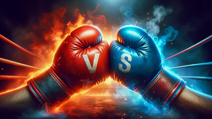Hands wearing boxing gloves clash with the letters VS. The background is stunning.