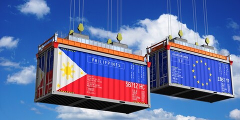Shipping containers with flags of Philippines and European Union - 3D illustration