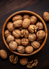 Top view of walnuts in a bowl on rustic table, healthy food. Generative Ai.