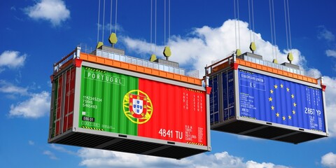 Shipping containers with flags of Portugal and European Union - 3D illustration