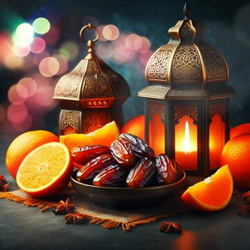 An enchanting display of Arabic lantern lamps, succulent dates, fresh oranges, and tantalizing Arabic cuisine, set amidst a backdrop of bokeh lights and softly blurred lamp glimmers. Ramadan and Eid