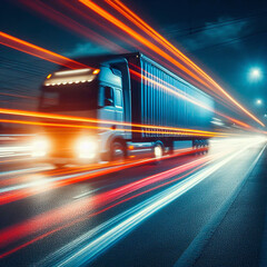truck with cargo on the road with motion blur light through city at night