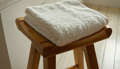 Fototapeta na wymiar A fluffy, white bath towel, neatly folded and placed on a light wooden stool