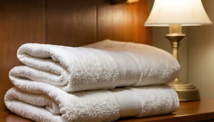 Fototapeta na wymiar A stack of freshly laundered, bright white towels, on a shelf